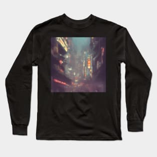 Urban Atmosphere Artistry - Moody Anime Noir Cinematic Japanese Cityscape Long Sleeve T-Shirt